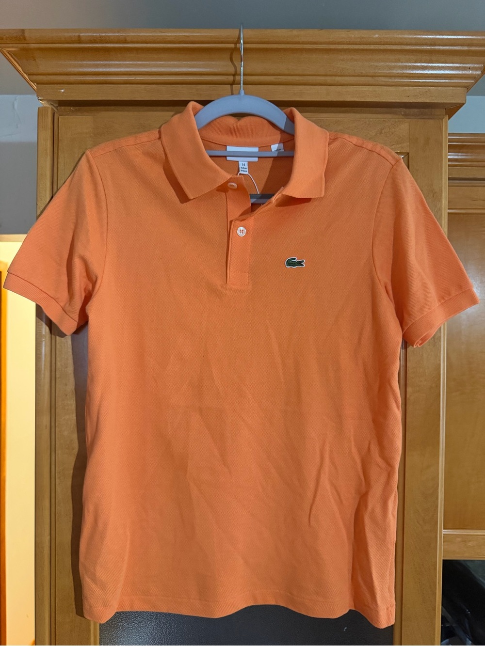 Lacoste boy’s Orange Short-Sleeve Pique Polo with Green Crocodile